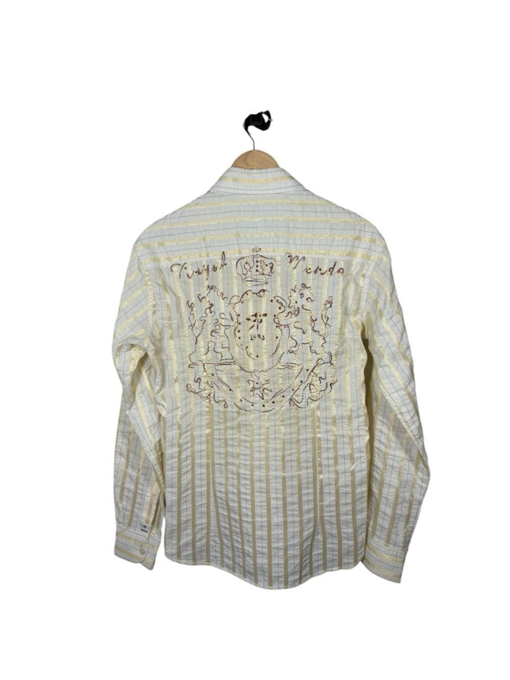 Mondo Embroidered Crest Stripe Button Down Shirt Crown Graphic Yellow M